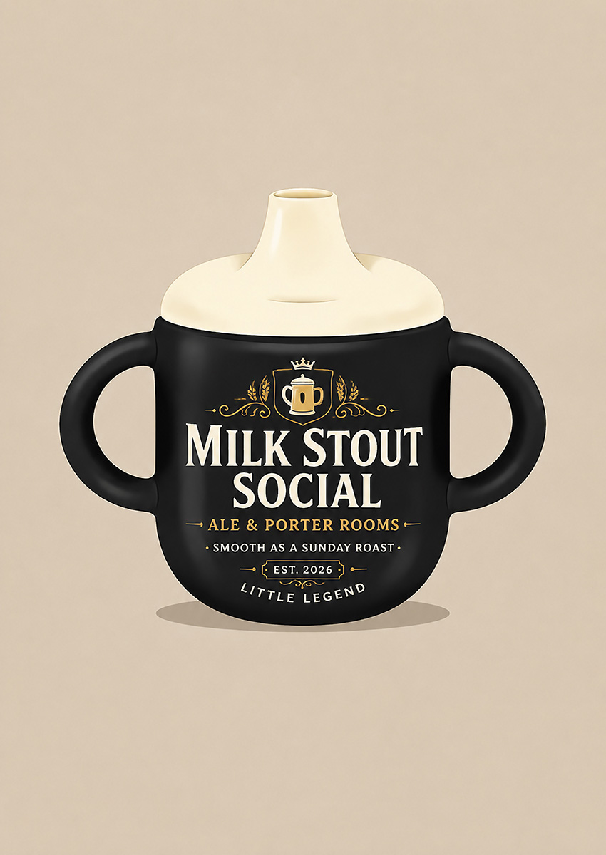A graphic illustration of a black baby bottle with Milk Stout Social pub-style branding on a neutral background